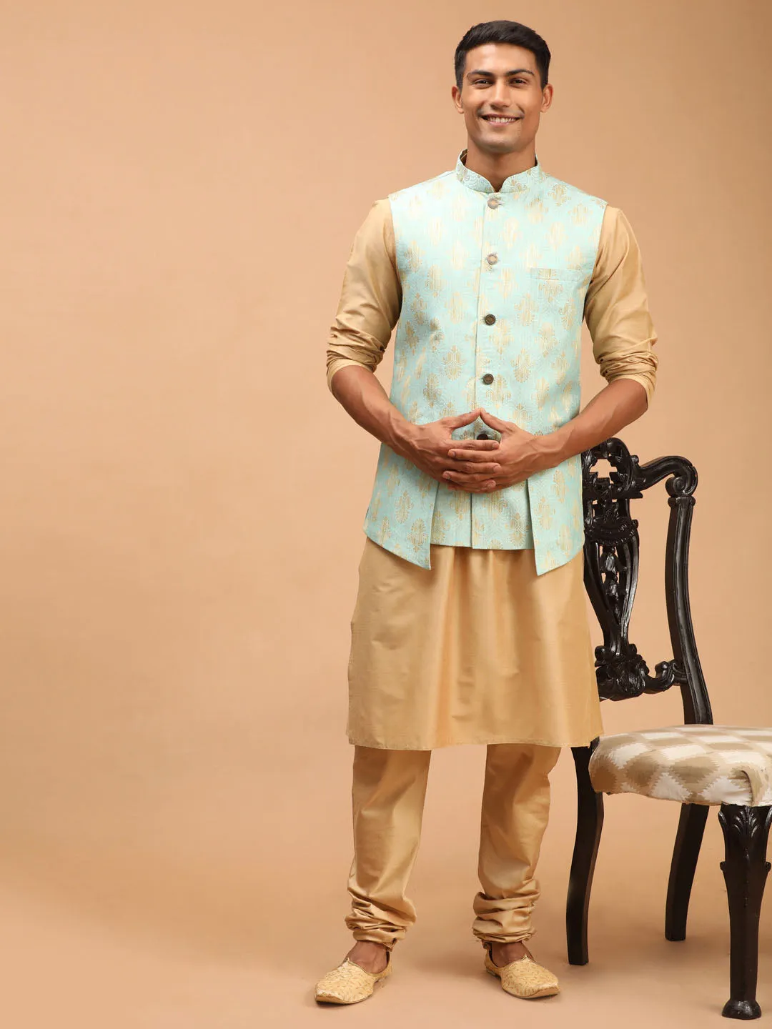 Men's Green And Rose Gold Viscose Jacket, Kurta And Pyjama Set - Shrestha By Vastramay