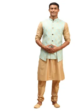 Men's Green And Rose Gold Viscose Jacket, Kurta And Pyjama Set - Shrestha By Vastramay