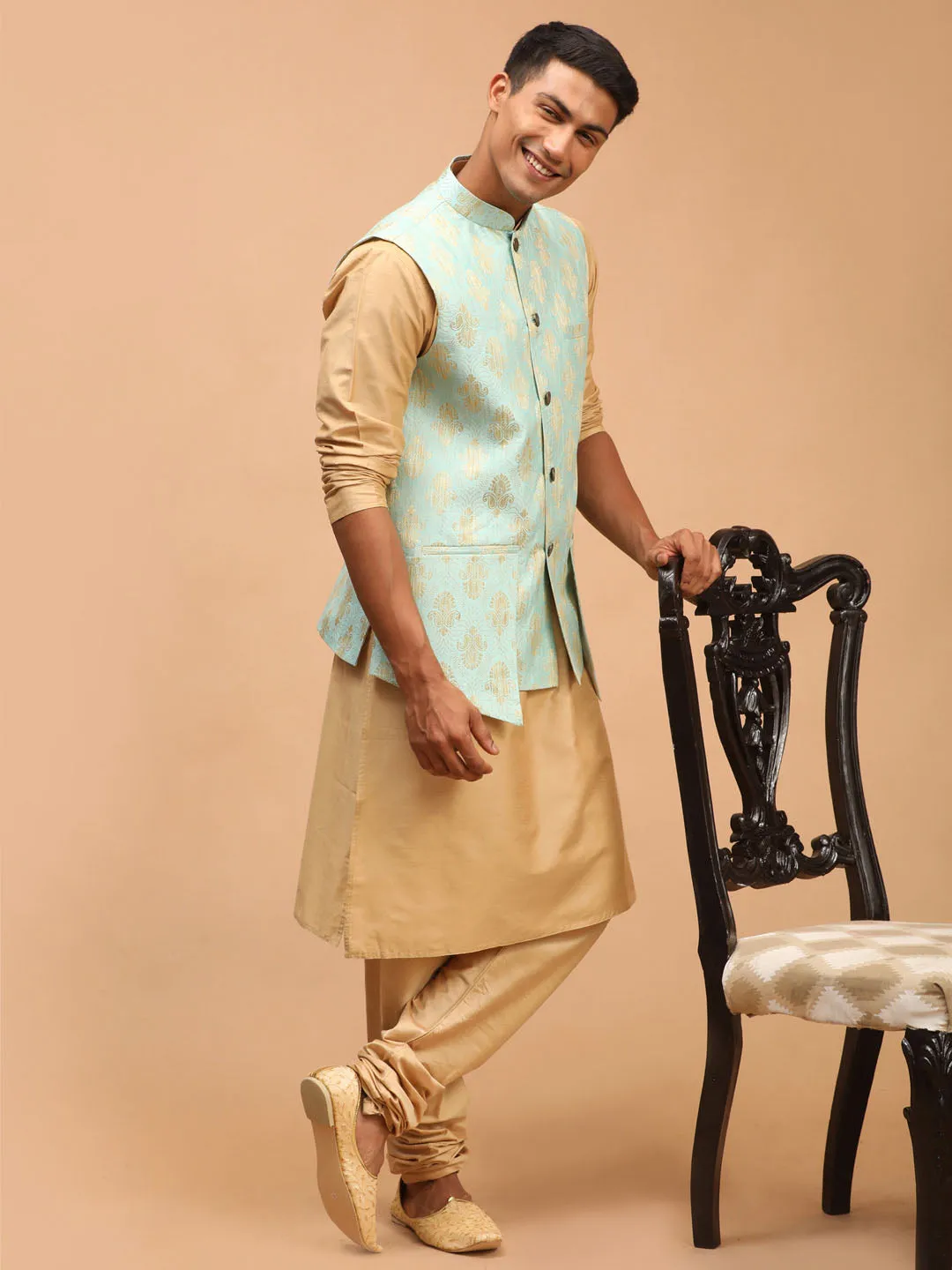 Men's Green And Rose Gold Viscose Jacket, Kurta And Pyjama Set - Shrestha By Vastramay