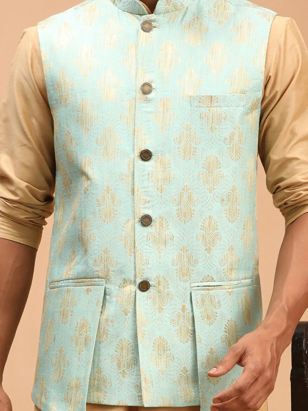 Men's Green And Rose Gold Viscose Jacket, Kurta And Pyjama Set - Shrestha By Vastramay