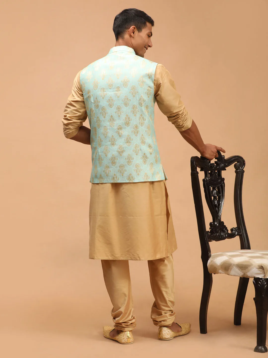 Men's Green And Rose Gold Viscose Jacket, Kurta And Pyjama Set - Shrestha By Vastramay