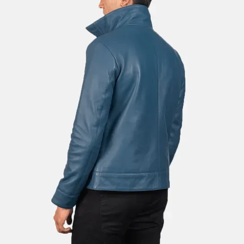 Mens Ionic Blue Leather Bomber Jacket