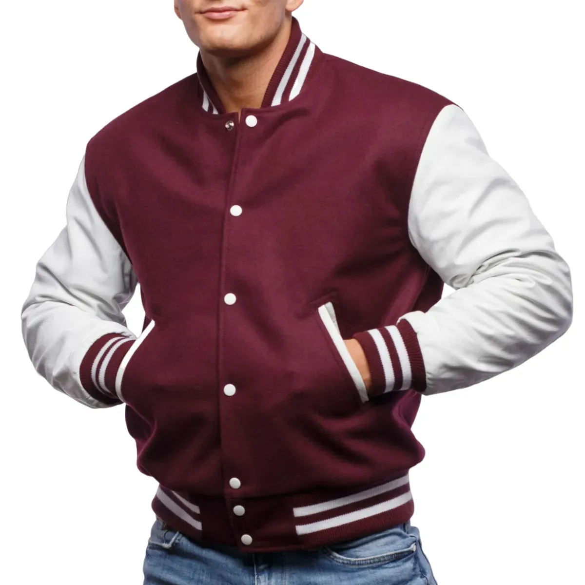 Mens Maroon And White Leather Varsity Jacket