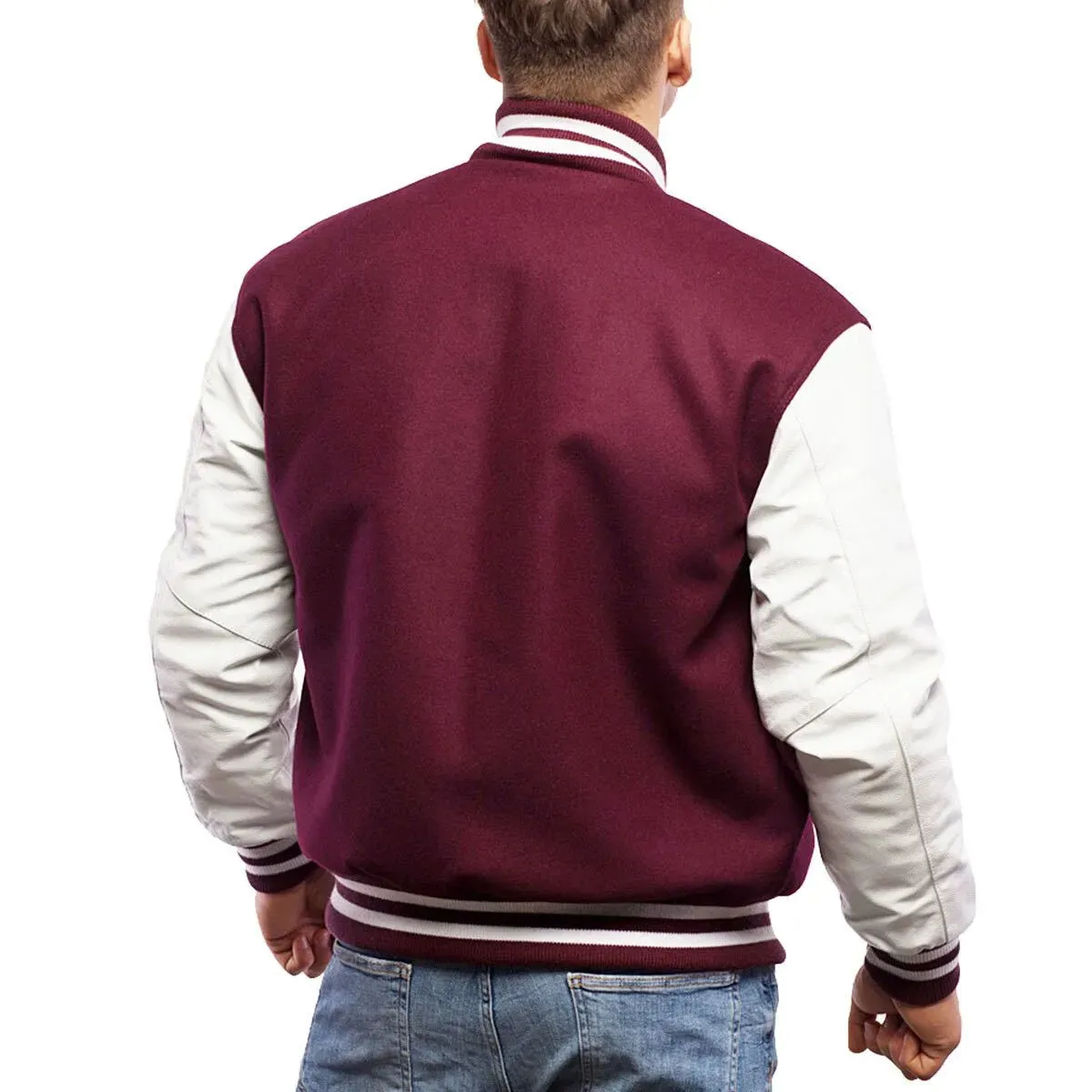 Mens Maroon And White Leather Varsity Jacket