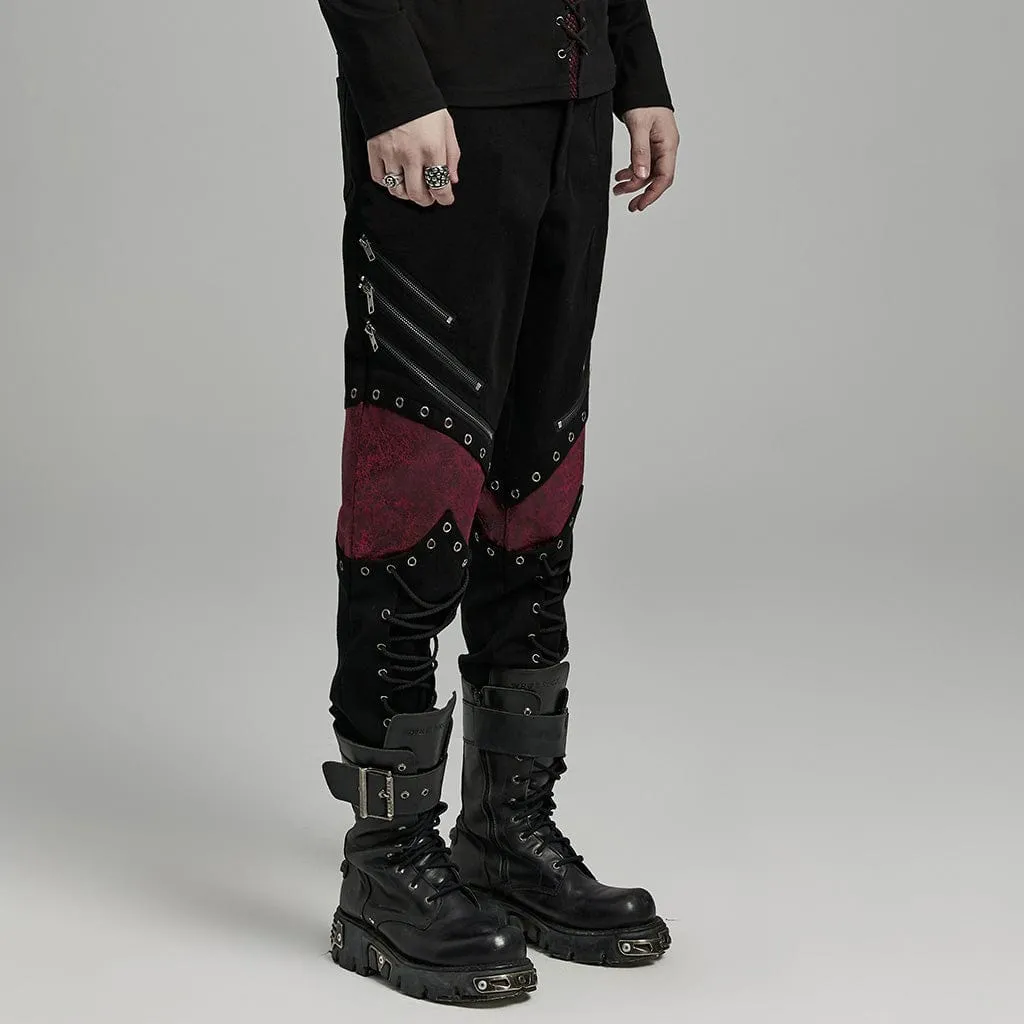 Men's Punk Strappy Faux Leather Splice Black Red Pants