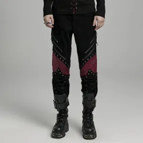 Men's Punk Strappy Faux Leather Splice Black Red Pants