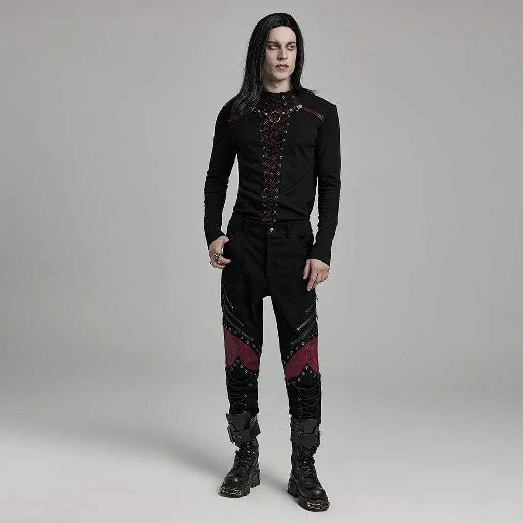 Men's Punk Strappy Faux Leather Splice Black Red Pants