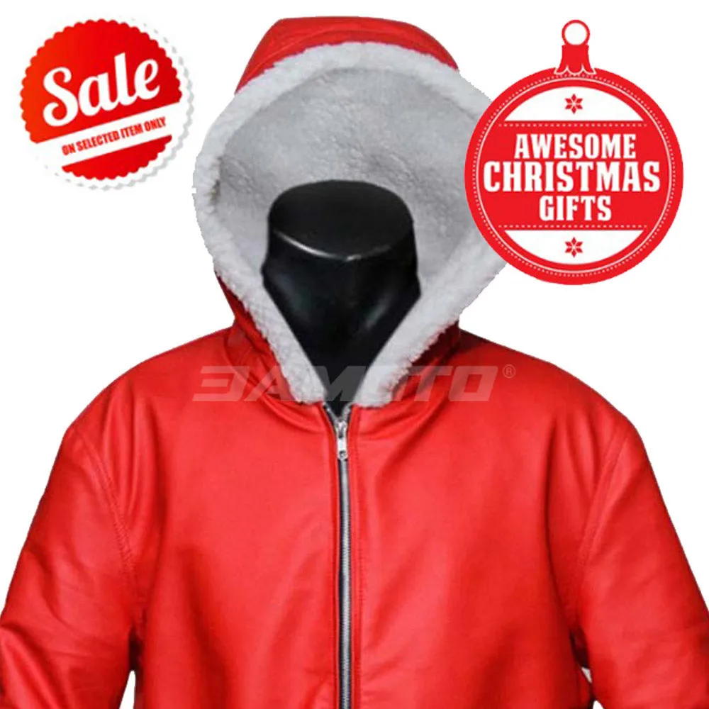 Men's Santa Claus Winter Christmas Hooded Fur Lined Red Leather Coat