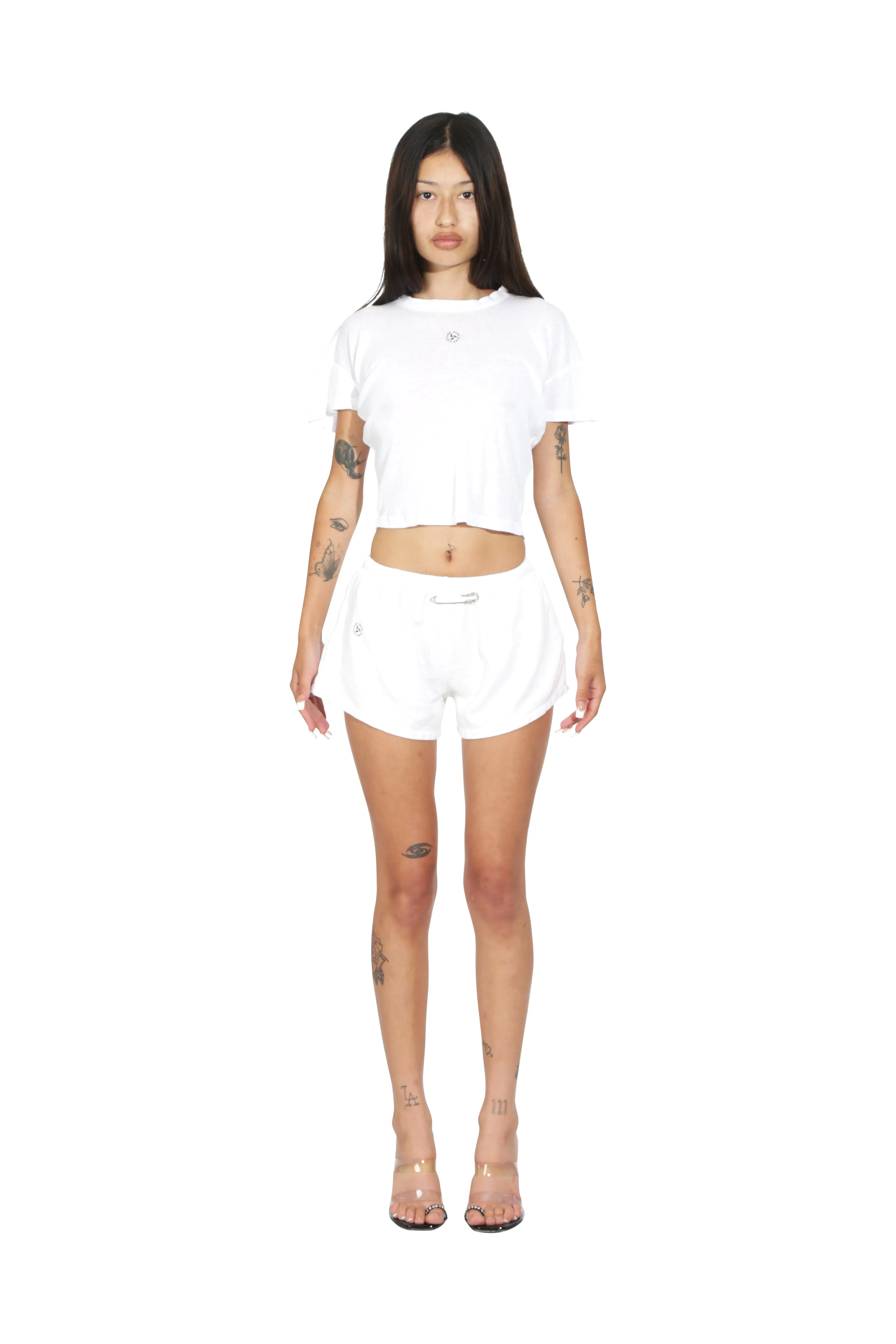 MINI SAFETY PIN SWEATSHORTS IN WHITE TERRY