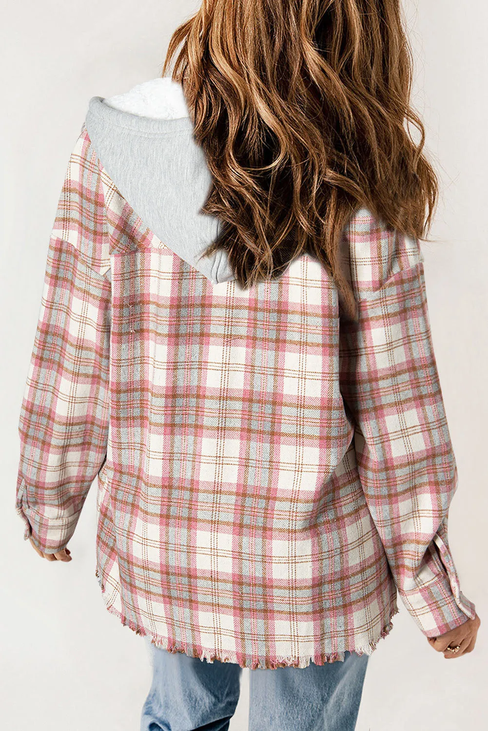 Multicolor Plaid Flap Pocket Hooded Raw Hem Shacket