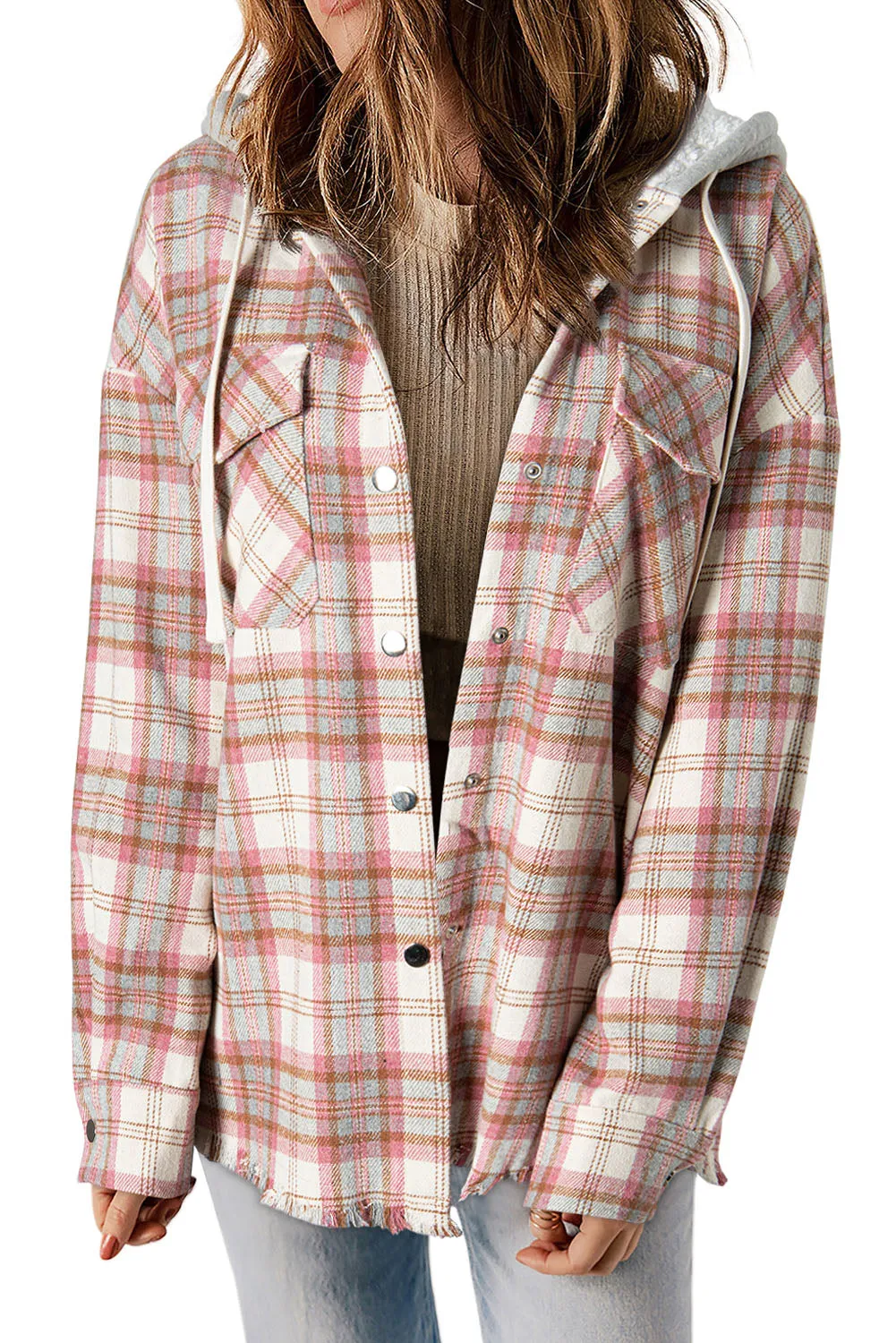 Multicolor Plaid Flap Pocket Hooded Raw Hem Shacket