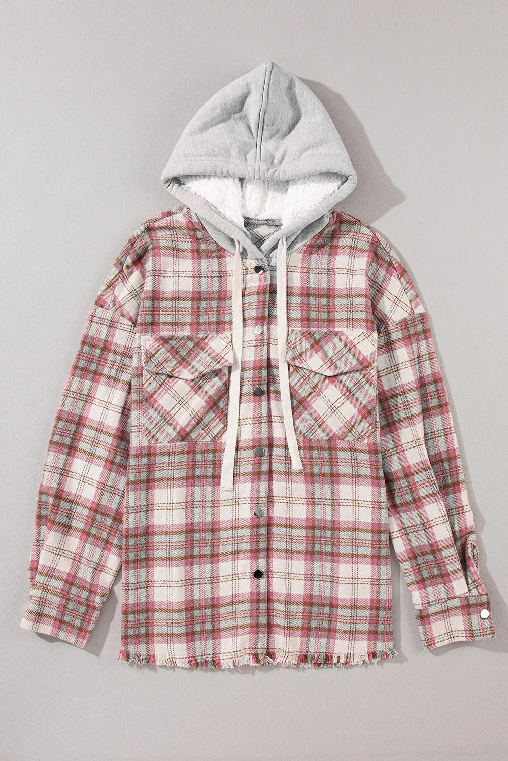 Multicolor Plaid Flap Pocket Hooded Raw Hem Shacket