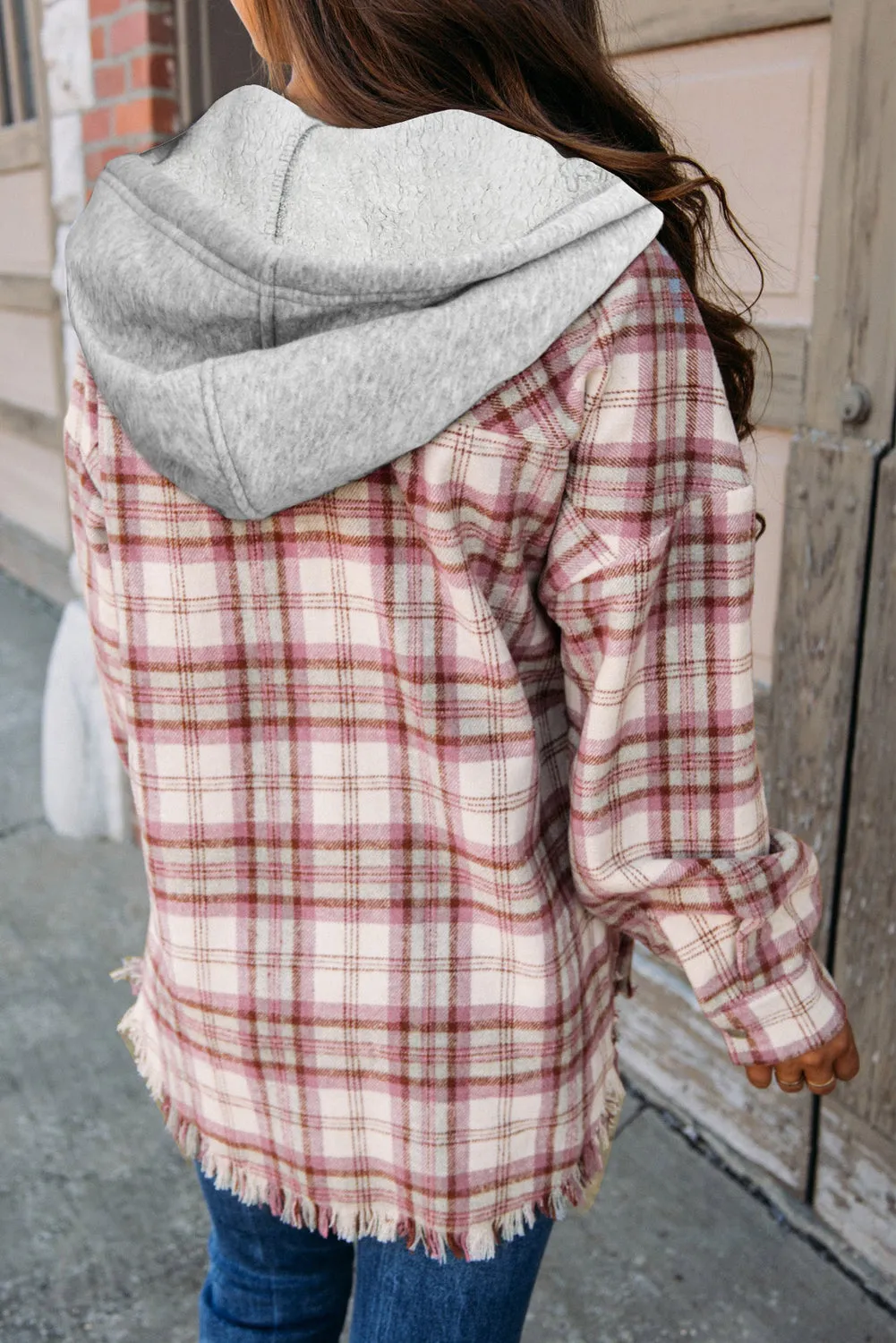 Multicolor Plaid Flap Pocket Hooded Raw Hem Shacket