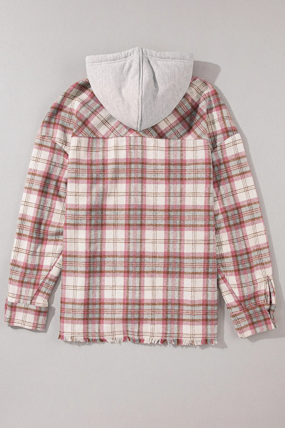 Multicolor Plaid Flap Pocket Hooded Raw Hem Shacket