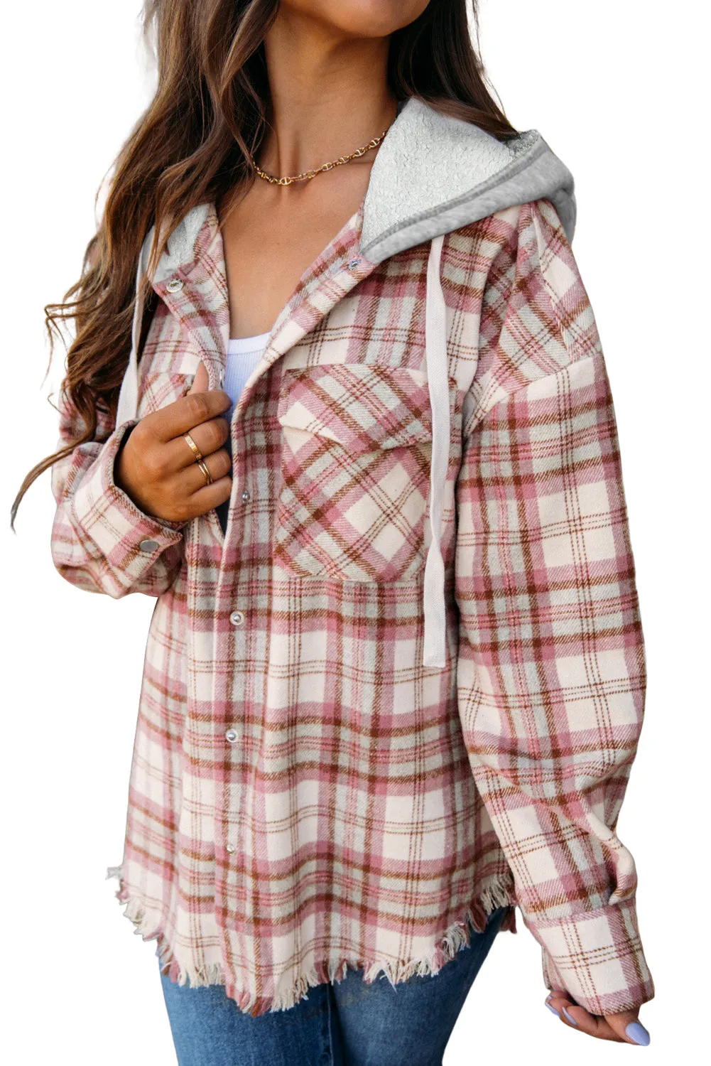 Multicolor Plaid Flap Pocket Hooded Raw Hem Shacket