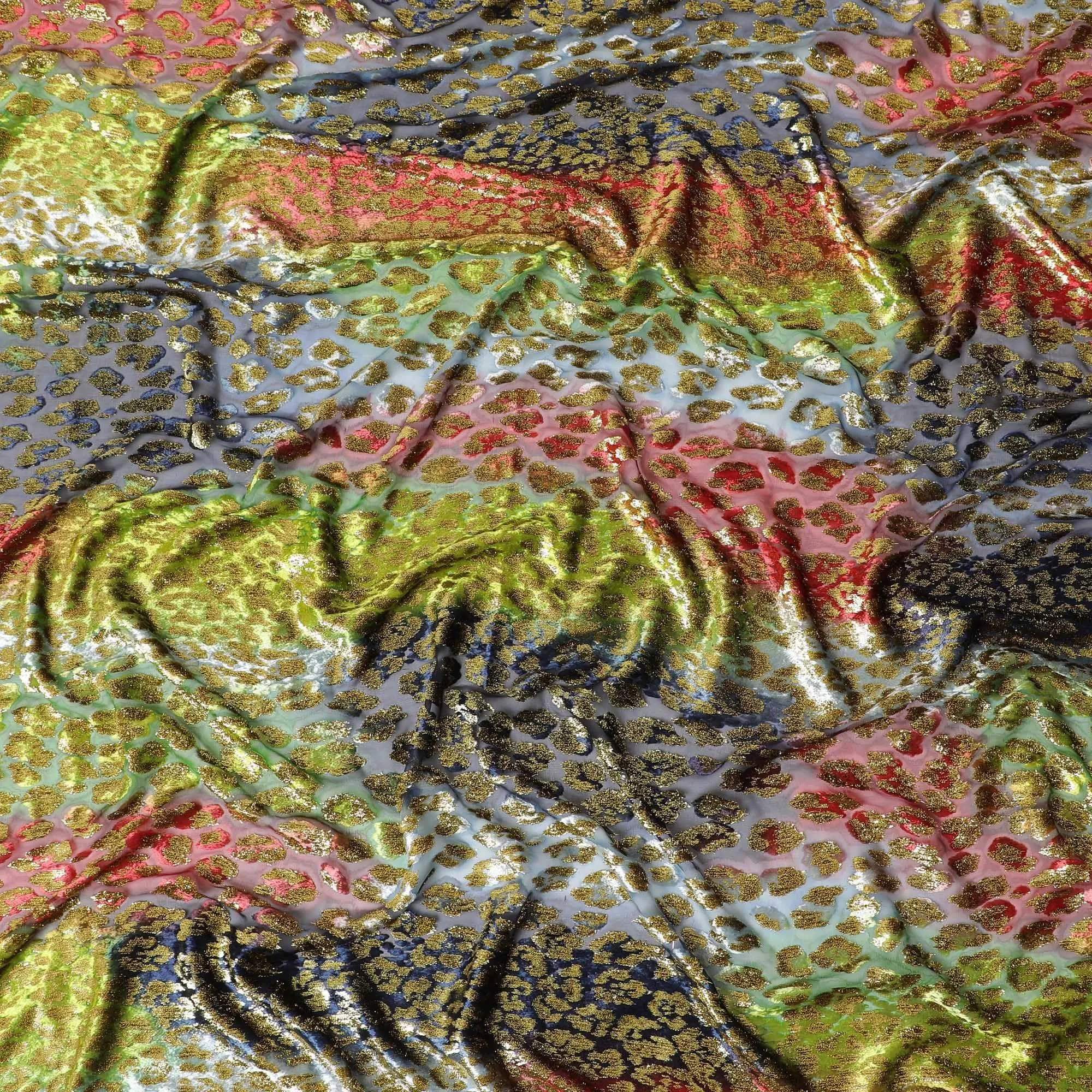 Multicolor premium pure silk chiffon velvet (makmal dirac) fabric with gold metallic lurex in fancy design-D13836