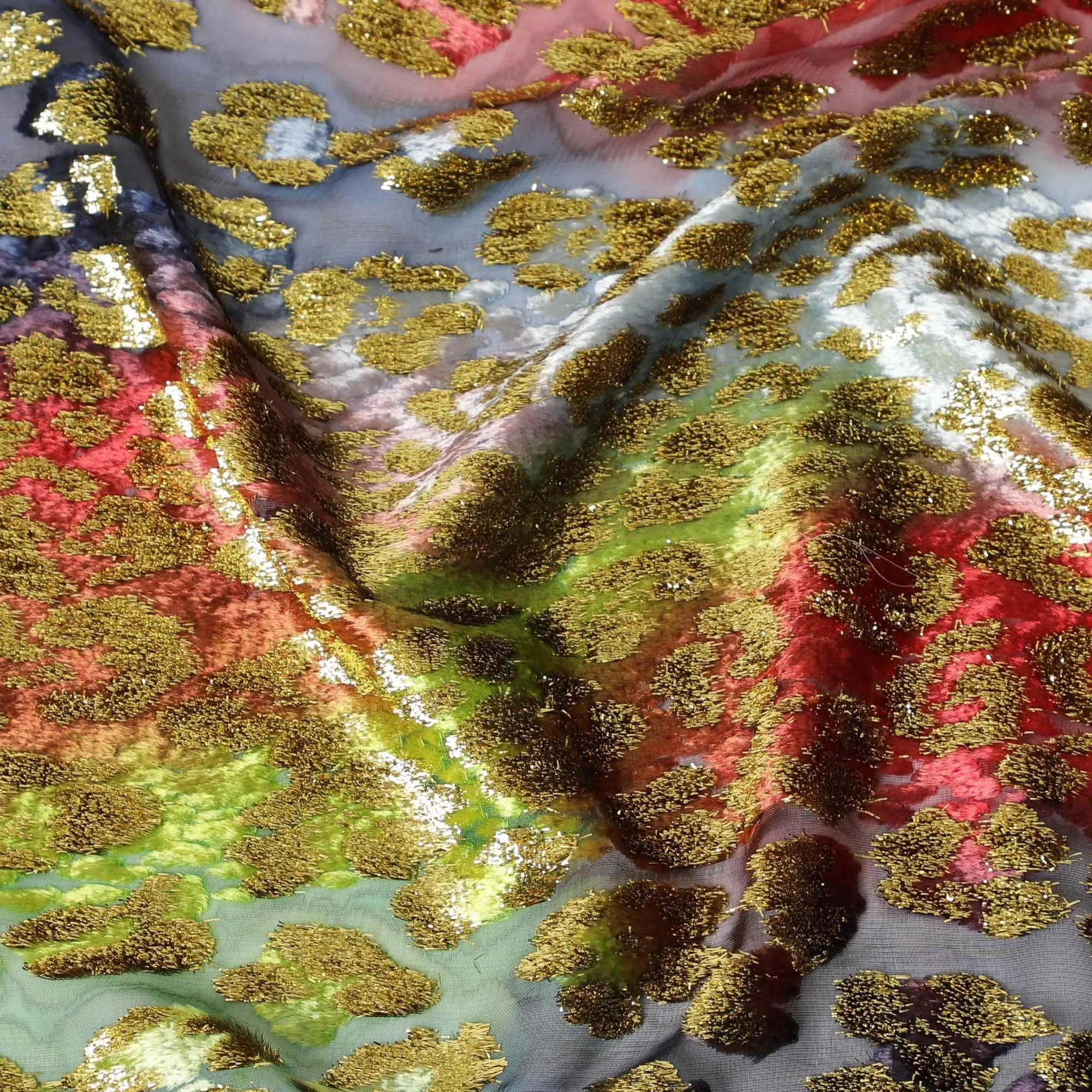 Multicolor premium pure silk chiffon velvet (makmal dirac) fabric with gold metallic lurex in fancy design-D13836