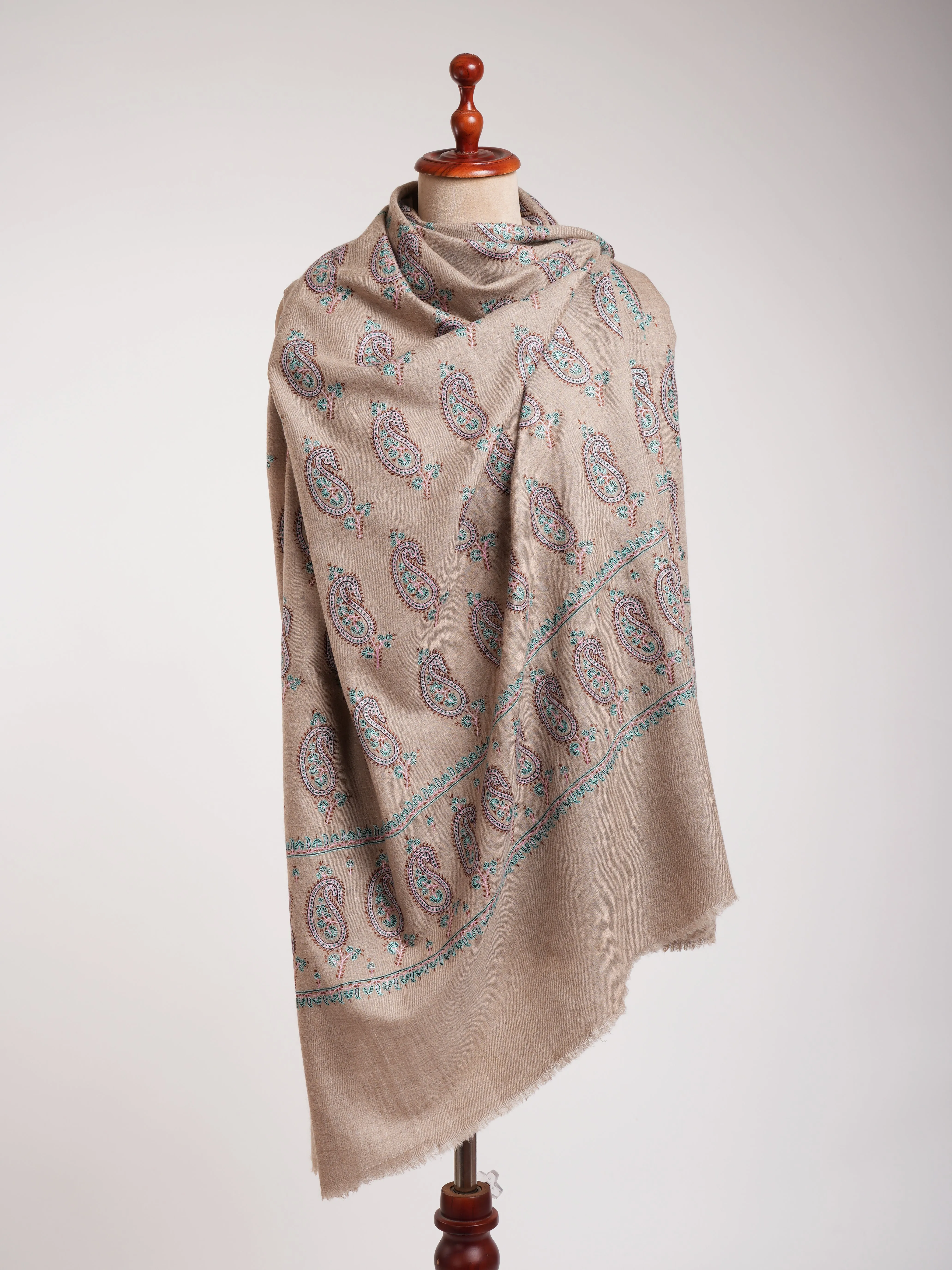 Natural Grey Pashmina Shawl with Paisley Embroidery