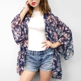 Navy Floral Semi-Sheer Kimono