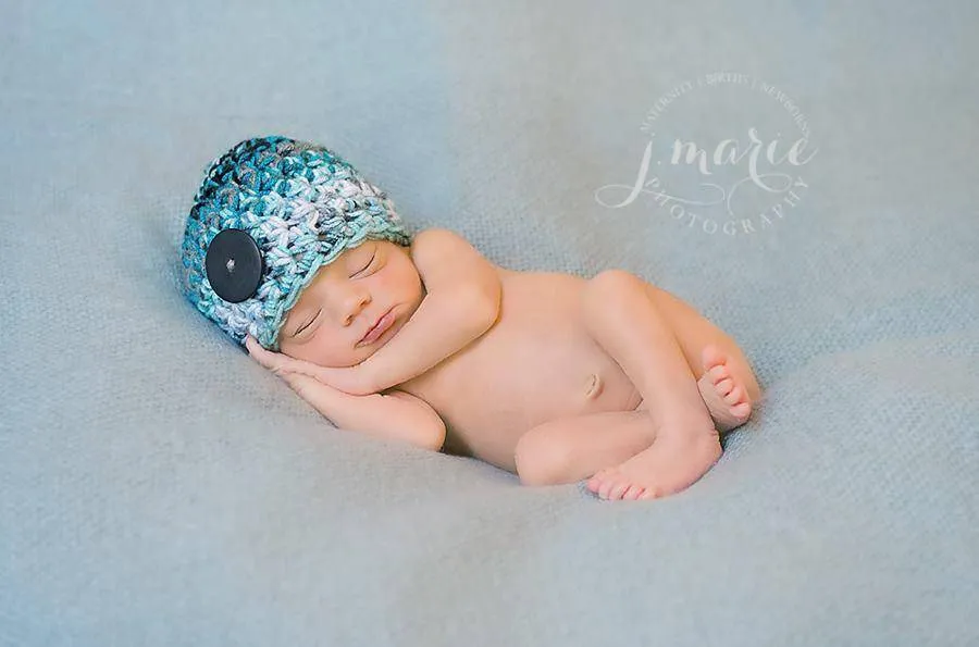 Newborn Button Hat Aqua Blue Black Gray White