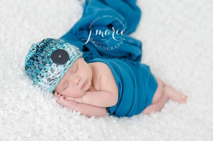 Newborn Button Hat Aqua Blue Black Gray White