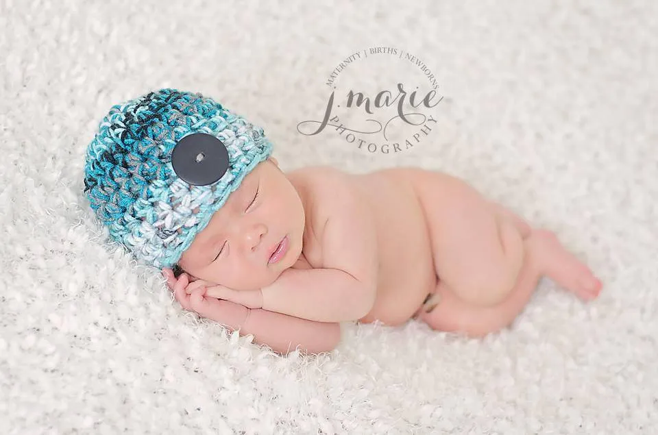 Newborn Button Hat Aqua Blue Black Gray White