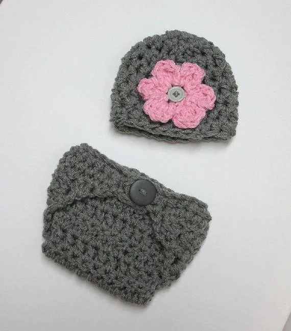 Newborn Gray Pink Diaper Cover And Hat Set