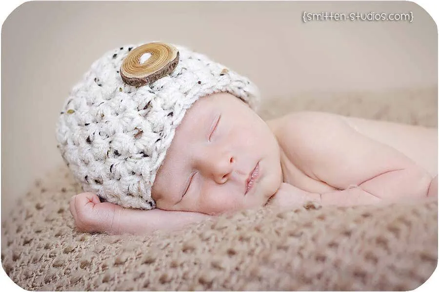 Oatmeal Beige Tweed Button Baby Hat