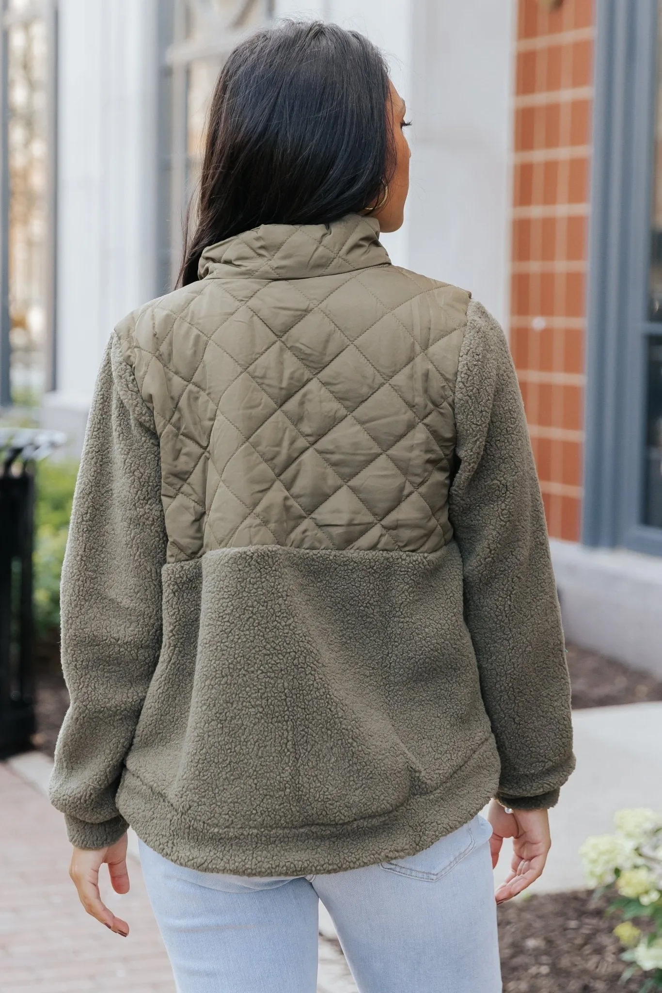 Olive Quilted Zip Up Fleece Jacket - FINAL SALE