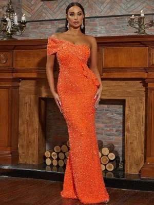 One Shoulder Ruffle Wrap Maxi Sequin Orange Formal Dress WY46