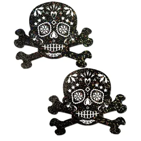 Pastease Glitter Candy Skull & Crossbones Pasties Black