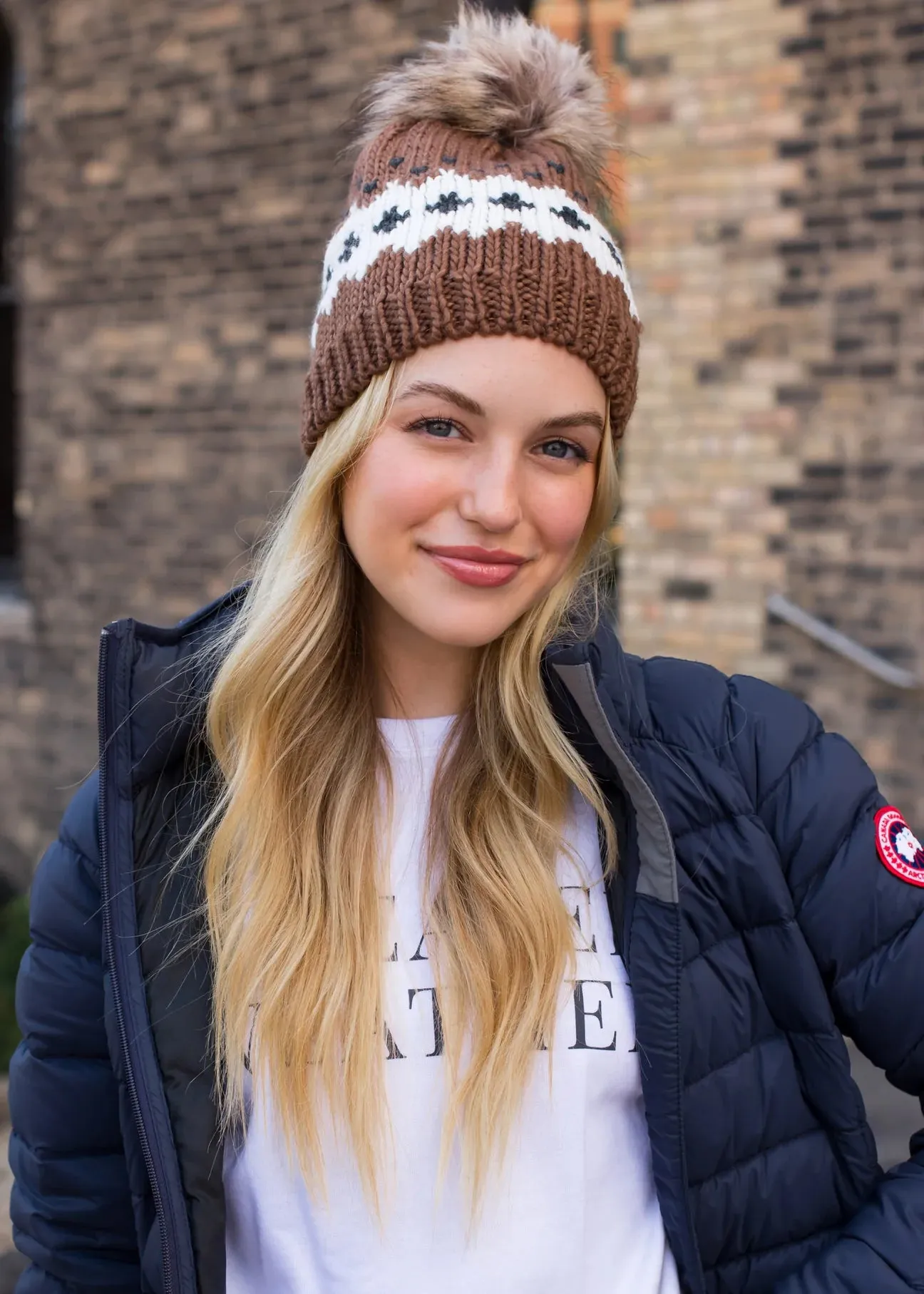 Patterned Knit Hat with Faux Fur Pom