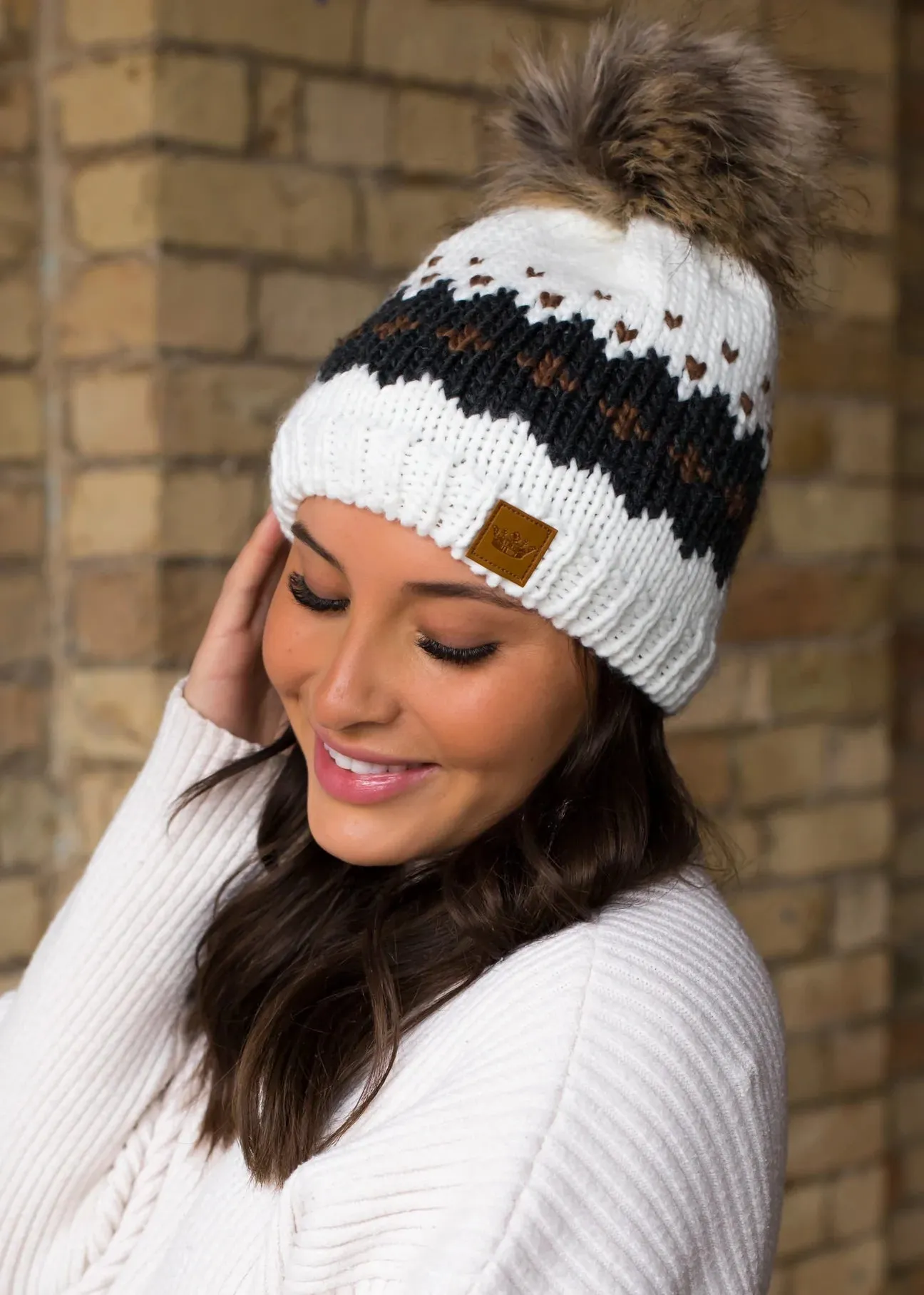 Patterned Knit Hat with Faux Fur Pom