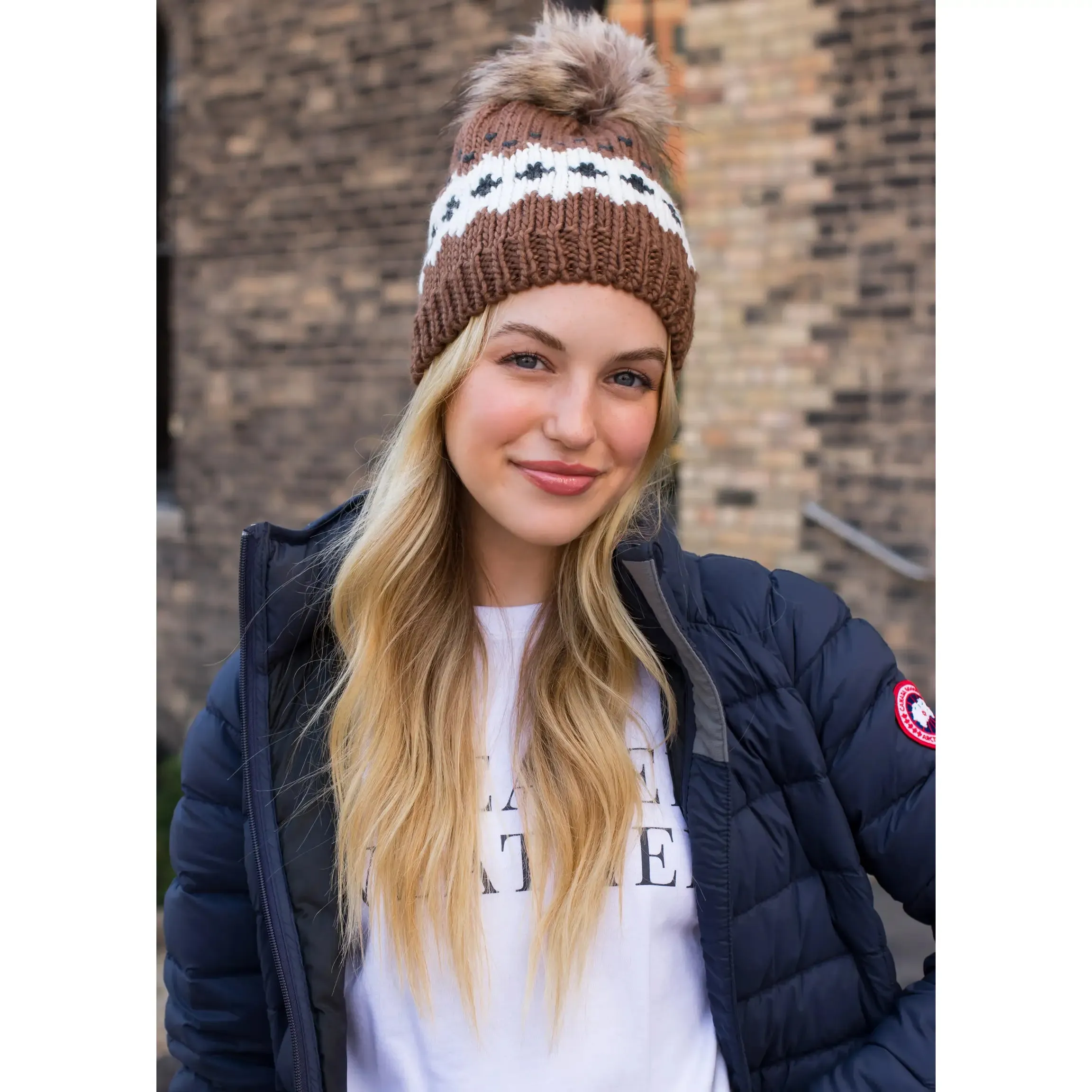 Patterned Knit Hat with Faux Fur Pom