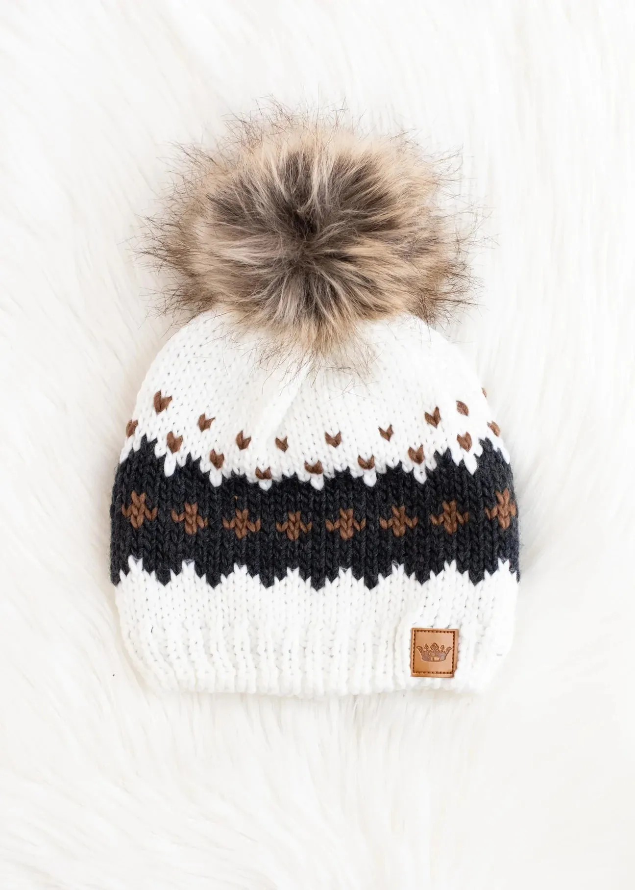 Patterned Knit Hat with Faux Fur Pom