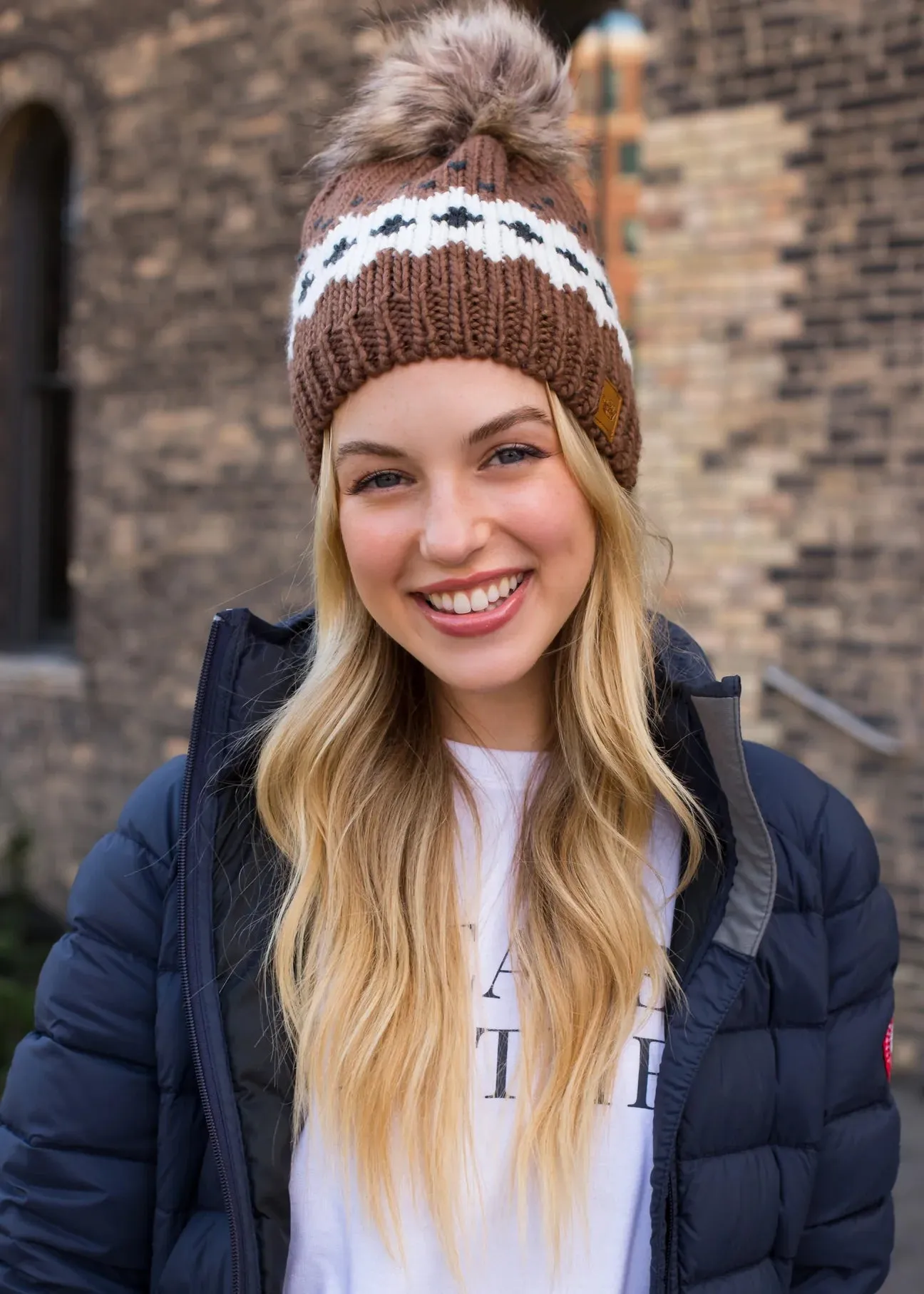 Patterned Knit Hat with Faux Fur Pom