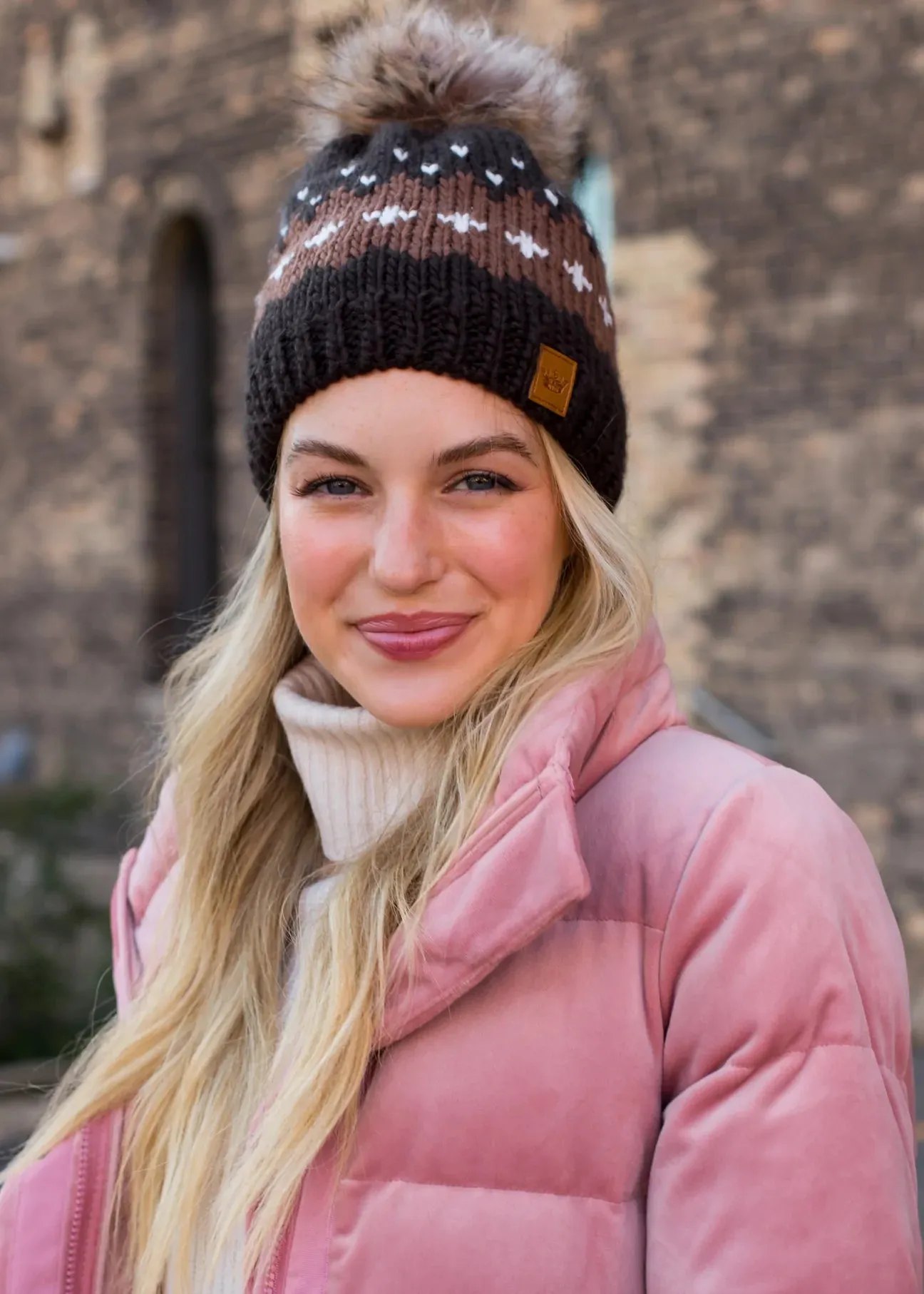 Patterned Knit Hat with Faux Fur Pom