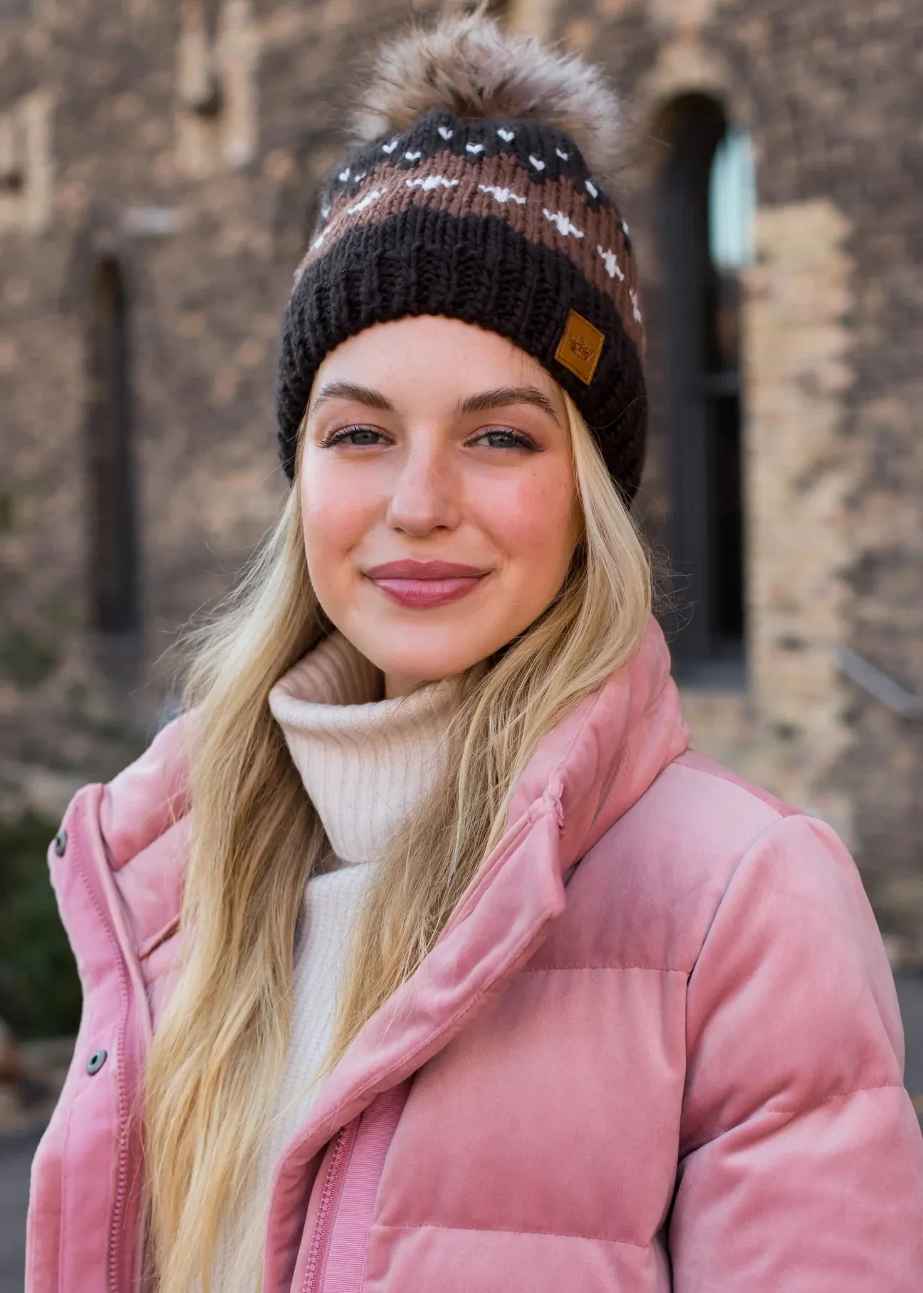 Patterned Knit Hat with Faux Fur Pom