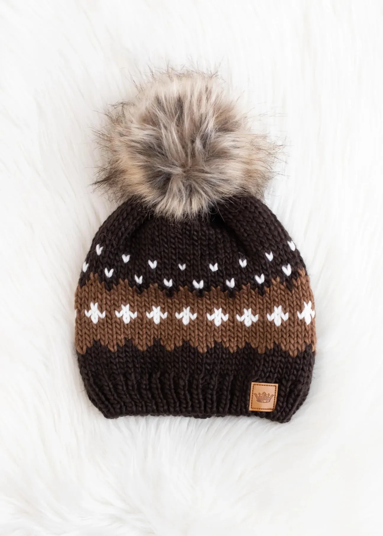 Patterned Knit Hat with Faux Fur Pom