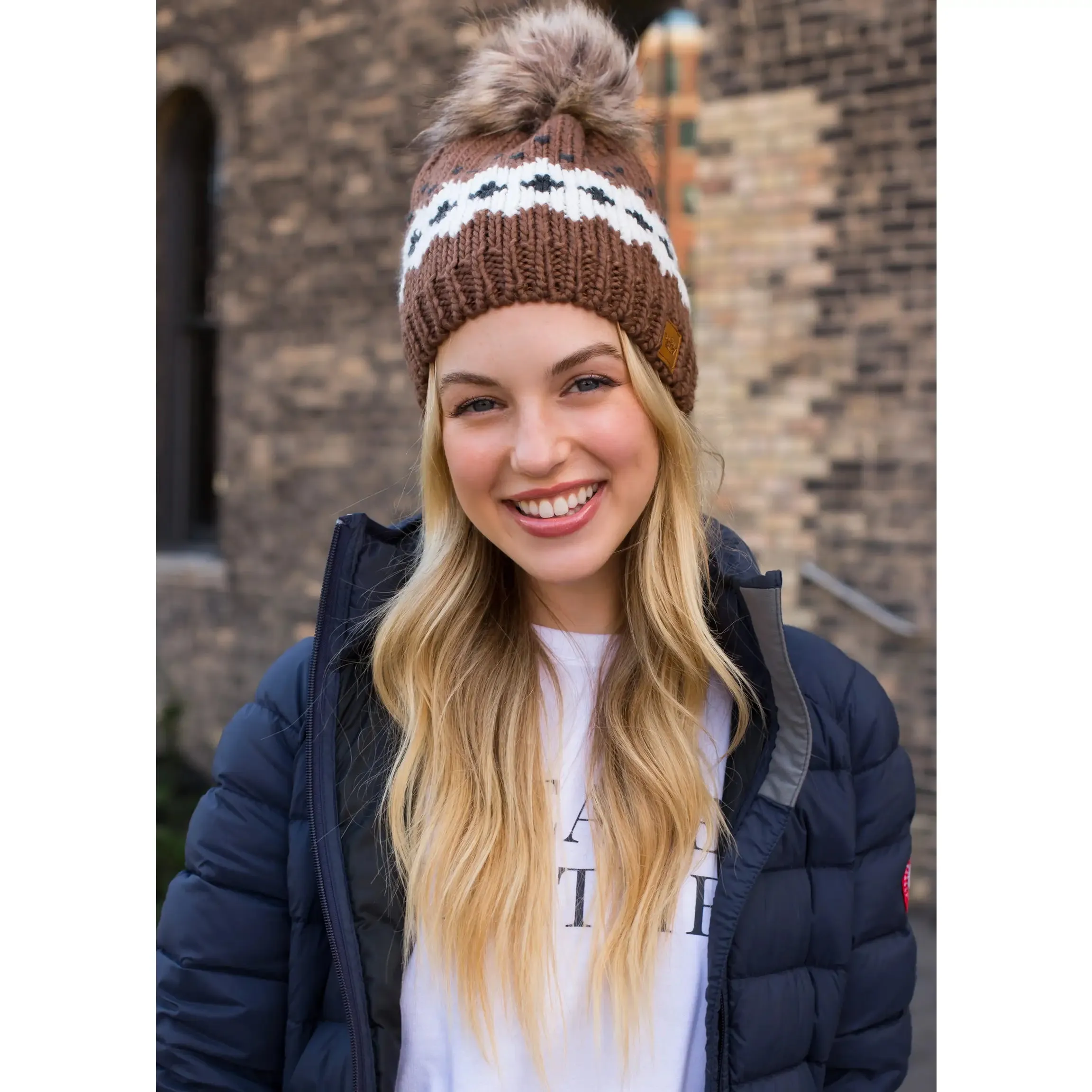 Patterned Knit Hat with Faux Fur Pom