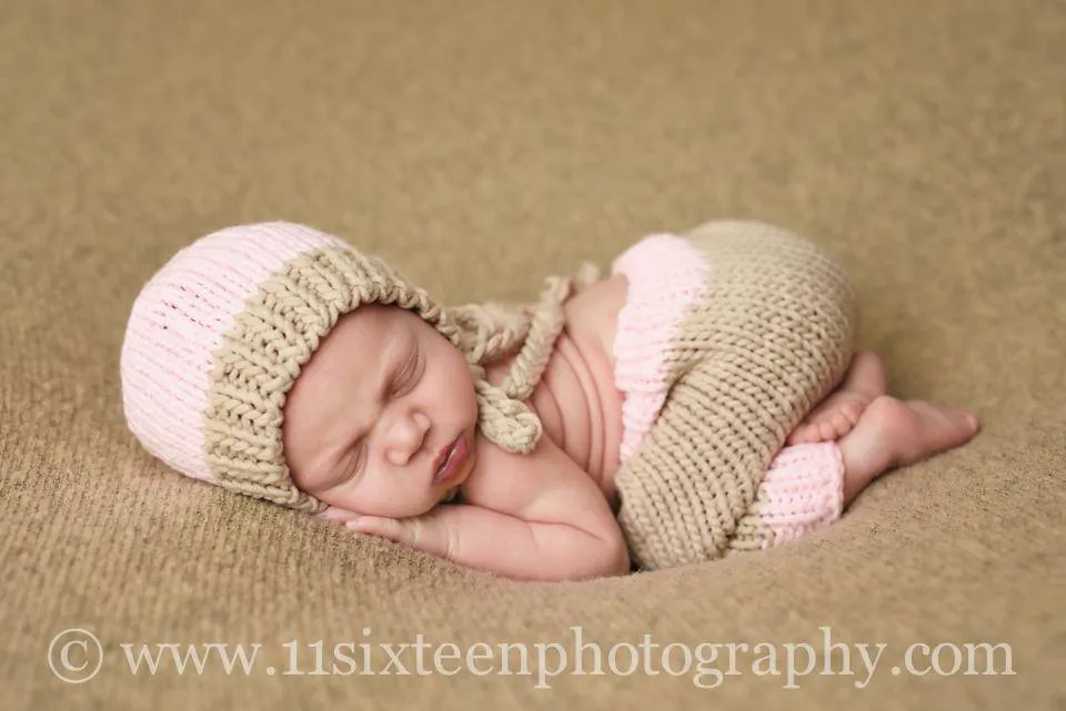 Pink and Beige Knit Newborn Hat and Pants Set