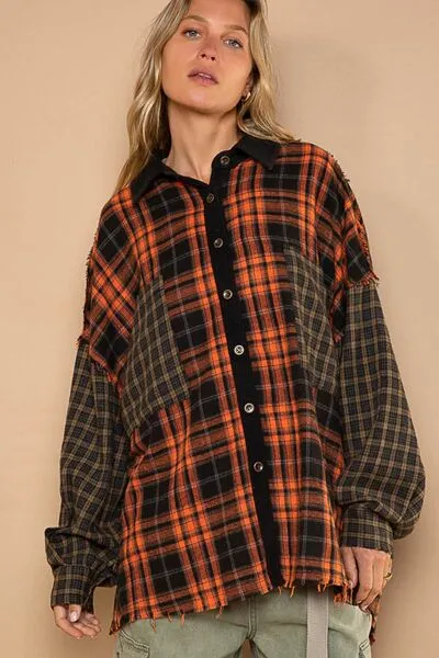 Plaid Contrast Long Sleeve Raw Hem Shacket with Chest Pockets