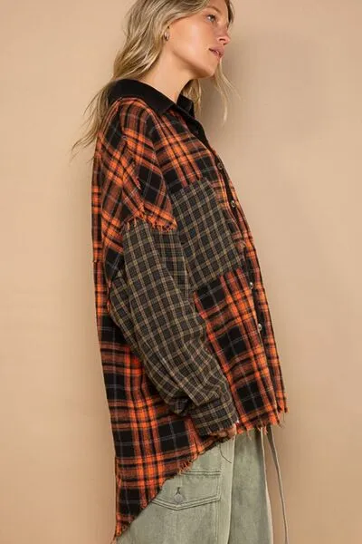 Plaid Contrast Long Sleeve Raw Hem Shacket with Chest Pockets