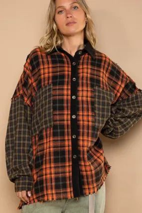 Plaid Contrast Long Sleeve Raw Hem Shacket with Chest Pockets