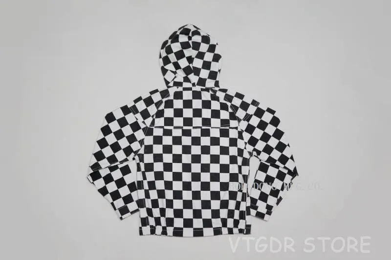 Plaid Lightweight Jacket for Men - Black & White Vintage Fall Zipper Hoodie