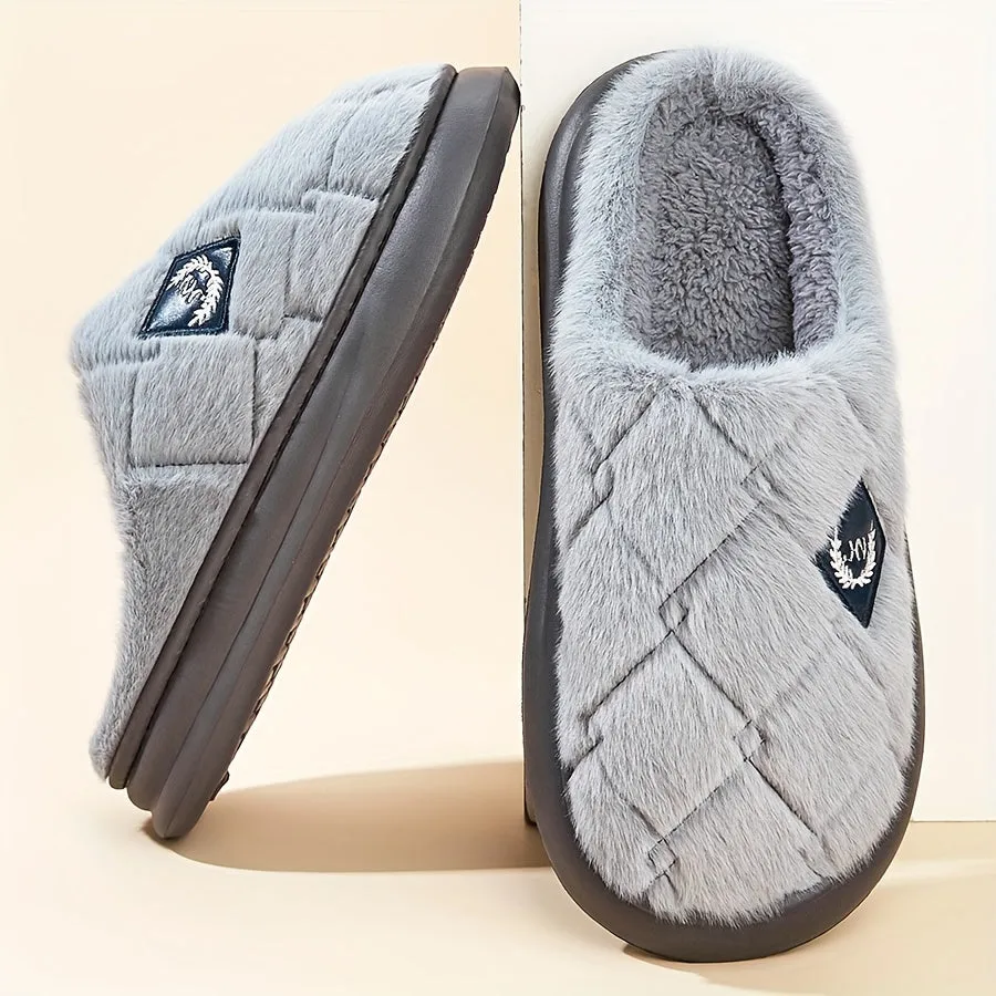 Plus Size Men's Solid Color Fuzzy Slippers, Comfy Non Slip Casual Thermal EVA Sole Slides, Men's Winter Indoor Footwear