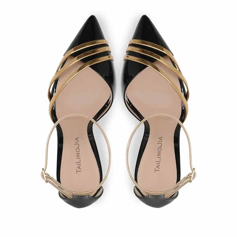 Pointed Toe Black Ankle Strap Gold Chains Stilettos Pump Heels