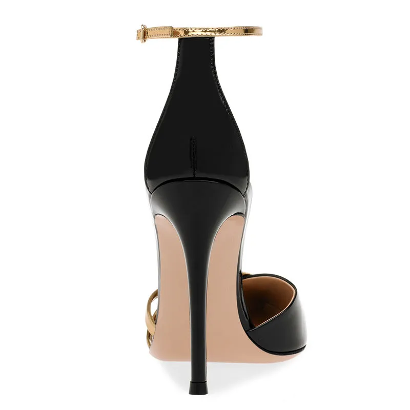 Pointed Toe Black Ankle Strap Gold Chains Stilettos Pump Heels