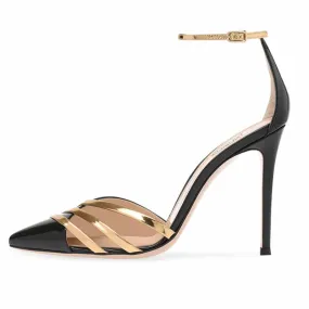 Pointed Toe Black Ankle Strap Gold Chains Stilettos Pump Heels