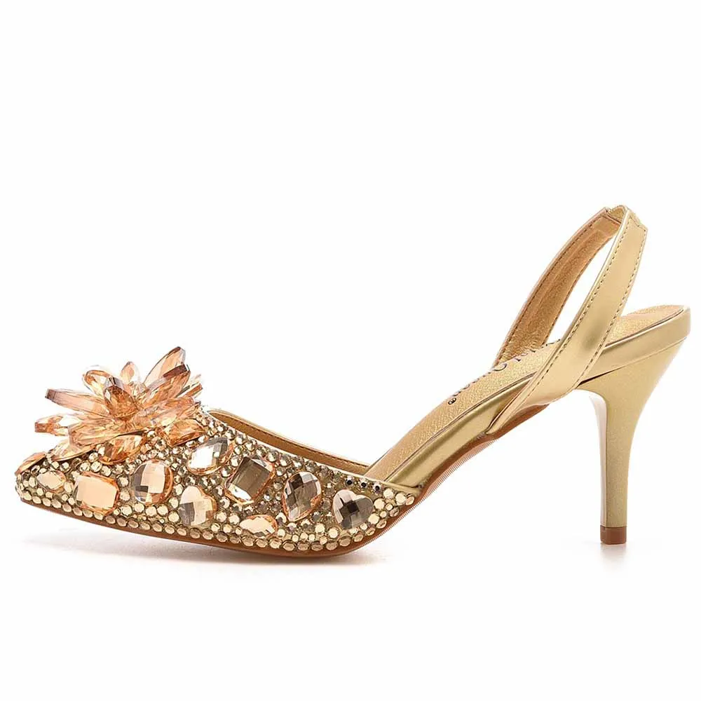 Pointed Toe Gold Rhinestone Crystal Low Prom Heels Wedding Shoes